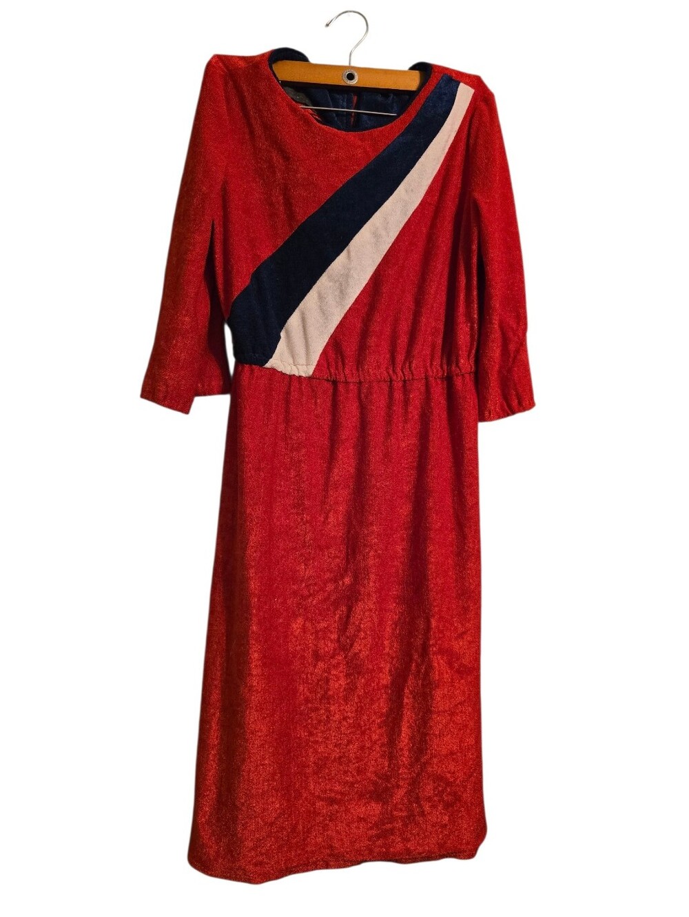 Vintage | Red Midi Dress with Navy & Cream Diagonal Stripe